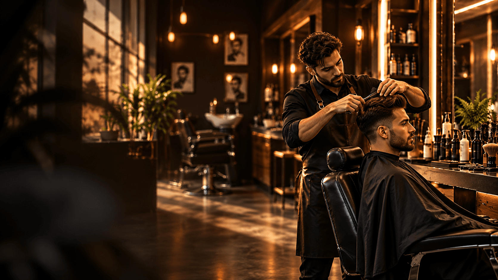 A barber carefully styling a customer's hair in a warmly lit shop